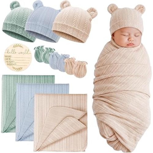 BQUBO 3 Sets Baby Swaddle Blankets Swaddling Wrap with Hats Mittens Newborn Soft Silky Nursery Receiving Blanket Cute Bear Ears Hat Elastic Gloves Set for Unisex Baby 0-3 Months