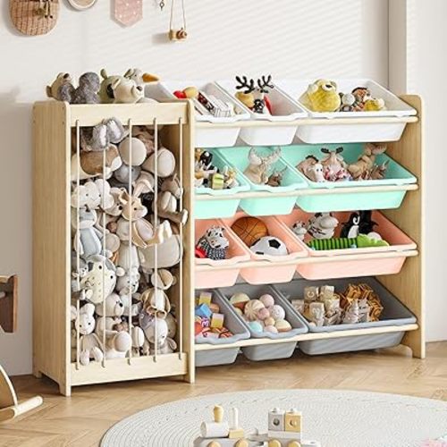 Kids Toy Storage Organizer, 2-in-1 Stuffed Animal Storage & Toy Organizer w/12 Bins, Solid Wood Toy Rack Featuring Thicker Elastic Ropes to Hold Toys, Playroom Nursery Bedroom Storage, Multi