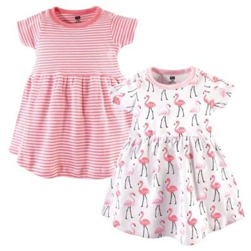 Hudson Baby Infant and Toddler Girl Cotton Short-Sleeve Dresses 2pk, Flamingos