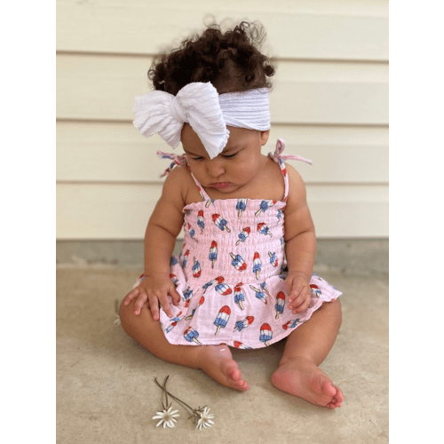 Muslin Smocked Bubble w/ Skirt, Pink Red, White & Blue Popsicle