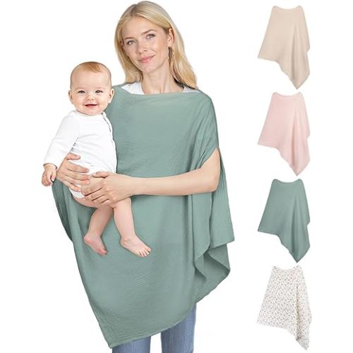 SheSeek Muslin Nursing Cover Up for Breastfeeding, Soft & Breathable Cotton Breast Feeding Cover for Women, Full Privacy Breastfeeding Cover - Newborn Baby Essential, Green