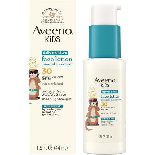 Aveeno Kids Daily Moisture Face Lotion & Mineral Sunscreen with SPF 30, Oat Enriched Face Moisturizer for Kids & Broad-Spectrum Sun Protection for Sensitive Skin, Hypoallergenic, 1.5 fl. oz