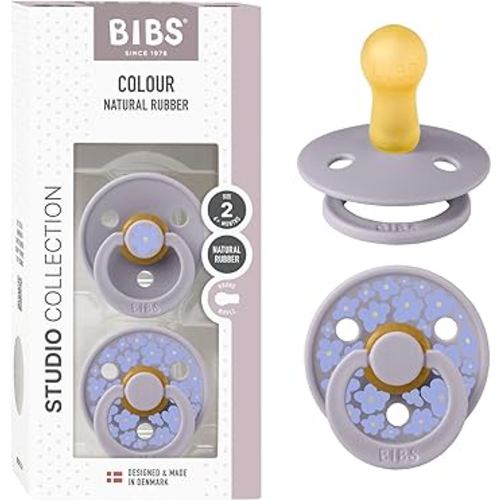 BIBS Pacifiers - Studio 2 Pack | Round Nipple Baby Pacifier | BPA Free Natural Rubber Latex Soother | Made in Denmark | Size 6+ Months | Jasmine Fossil Grey