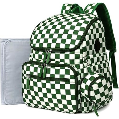 FHELAD Checkered Diaper Bag Backpack with Changing Pad & Stroller Clips, Large Travel Baby Diaper Bag for Newborn Moms, Baby Shower Gifts (Dark Green)