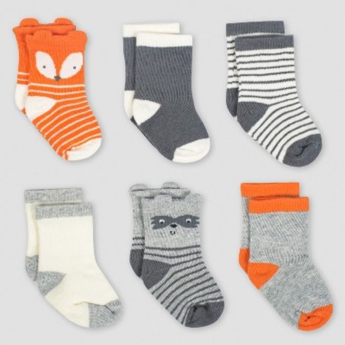 Gerber Baby Boys' 6pk Jersey Crew Wiggle Proof Sock Explorer - Gray/White/Orange 0/6M