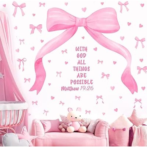 Large Watercolor Girls Room Wall Decals Pink Bow Wall Stickers Peel and Stick Pastel Pink Bow Decor for Baby Room Coquette Sticker Inspirational Quotes Vinyl Decal Art Mural for Nursery Kids Playroom
