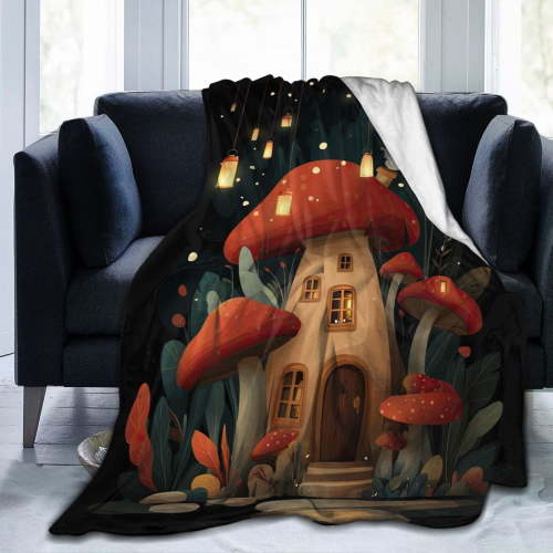 Mushroom Blanket Enchanted Night Forest Lanterns, Soft Cozy Fleece Throw For Couch And Bed, Aesthetic Whimsical Home Decor 60x50
