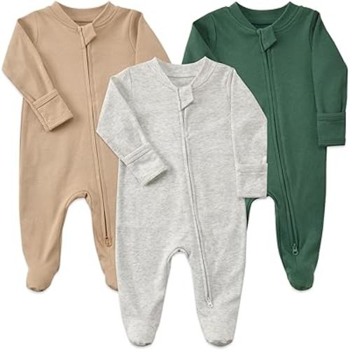 Aablexema Baby Footie Pajamas with Mittens - 3Pcs Infant Cotton Footed One Piece Sleepwear Outfits