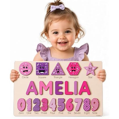 Zuzu Wooden Personalized Letter, Number and Shape Puzzle - 12 Options | First Birthday Gift for Toddlers Boys and Girls | Heirloom Keepsake