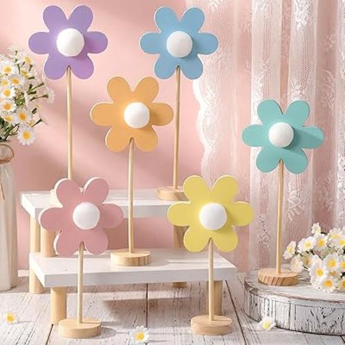 Bucherry 6 Pack Pastel Spring Table Decorations Daisy Centerpieces for Tables Easter Wooden Flowers Sign with Pompom Pistil Easter Floral Nursery Shelf Centerpiece for Office Farmhouse Home