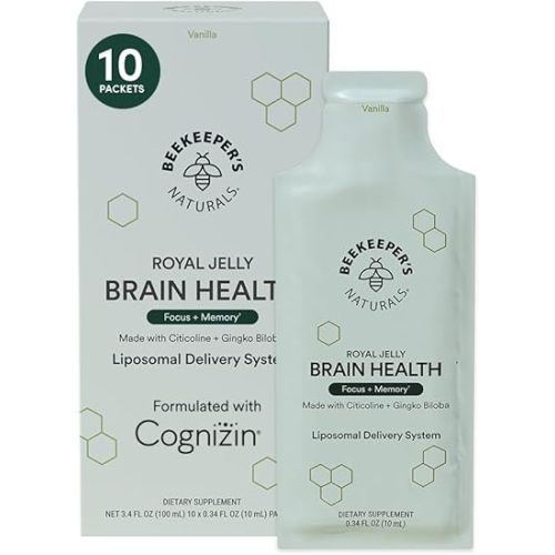 Nootropic Brain supplement by Beekeeper's Naturals, 500 mg Citocoline, Ginkgo Biloba, Bacopa Monnieri & Royal Jelly, Supports Focus & Memory, Easier Absorption, Plus a Tasty Vanilla Flavor, 10ct