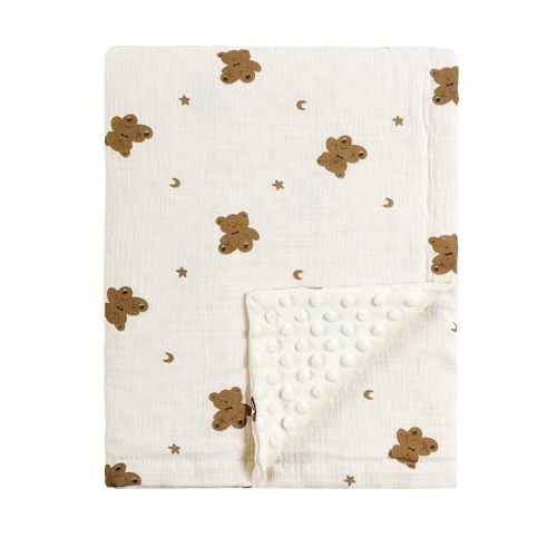 CREVENT 30''X40'' Organic Muslin Cotton Baby Blanket for Newborns, Soft Mink Backing, Essential for Baby Shower Birthday Gift - Bear 75X100cm