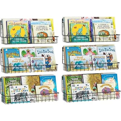 X-cosrack Floating Book Shelves for Wall Kids Bookshelf,Metal Hanging Wall Mounted Shelf for Nursery Toddler, Kids Room, Classroom,Set of 6,Black,2 Sizes