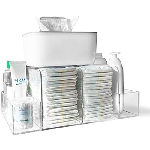 Diaper Caddy, Baby Changing Table Organizer, Detachable Clear Acrylic Diaper Storage for Wipe Dispenser, Wipe Warmer and other Diapering Essentials