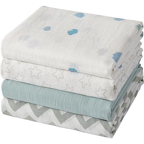 Muslin Swaddle Blankets for Boys & Girls, Receiving Baby Blanket for Newborns, Large 47 x 47 Inches, Soft Breathable Baby Swaddles, 4 Pack Stars & Striped