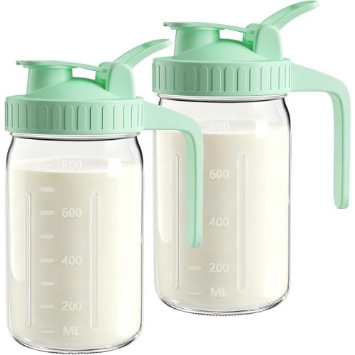 Mason Jar Pitcher Set of 2, 32oz (1quart) Glass Breast Milk Pitcher with Lid