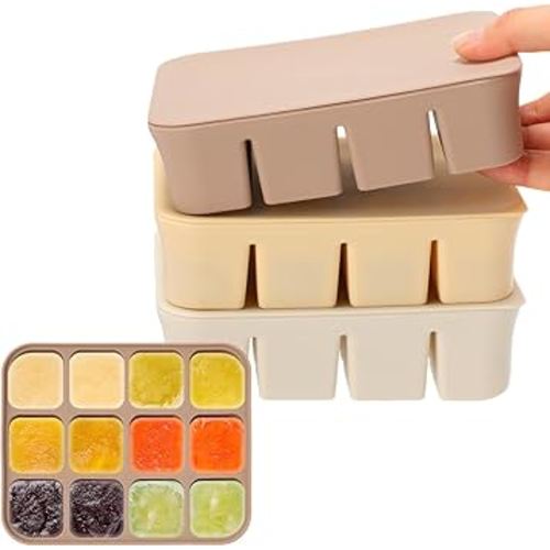 Mimorou 3 Pack Baby Food Freezer Tray with Lids 2.8 oz x 12 Cups Silicone Baby Food Storage Container Ice Cube Freezer Molds for Homemade Vegetable Fruit Purees Snack(12 Cups,White, Yellow, Brown)