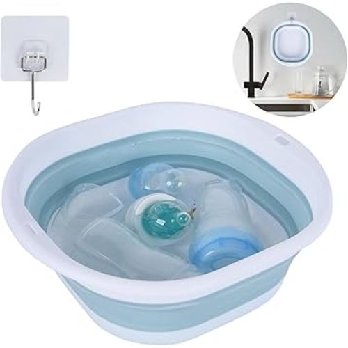 Collapsible Wash Basin for Baby Bottles with Hook- Collapsible Wash Basin for Baby Bottles, Baby Bottle Tub for Sink, Reusable Baby Bottle Sink Basket for Home and Travel
