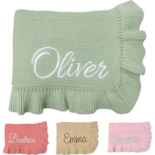 Knit – 30x40in Personalized Baby Blanket for Newborn Girl and Boy – Custom Blanket with Name Embroidery – Soft Knitted Baby Blanket – Custom Baby Gifts for Baby Shower (Sage)