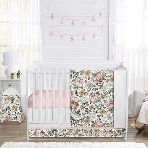 Sweet Jojo Designs 5-Piece Baby Crib Bedding Set (Boho Vintage Floral) for Girls, Infants/Nursery incl. Blanket, Fitted Sheet and Crib Skirt (Bohemian, Shabby Chic, Rose Flower, Farmhouse, Pink/Green)