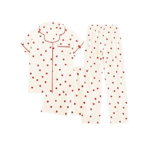 codcm Womens 3pcs Cotton Pajamas Set Short Sleeve Sleepwear Fruit Print Cute Pj Set with Long Pants