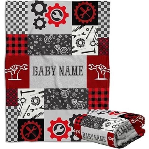 Mechanic Personalized Baby Blankets for Boys & Girls, Custom Swaddle Blanket - Red Plush for Newborns to Toddlers