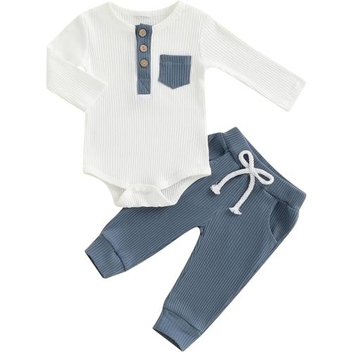 fhutpw Baby Boy Clothes 3 6 12 18 Months Ribbed Knitted Long Sleeve Romper and Pants Sets Newborn Fall Splicing Color Outfits