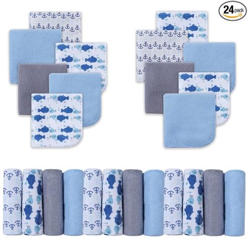 Viviland Baby Washcloths, Super Soft Baby Bath Towels for Newborn 24 Pack, Absorbent Face & Body Wash Cloth for Baby Boy, Blue-Whale Pattern, 9 x 9 inch