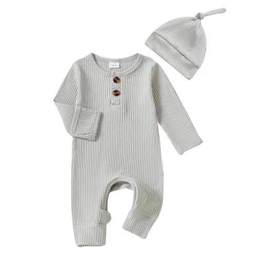 Infant Boys Girls Clothes Set Newborn Baby Romper Hat Ribbed Knit Long Sleeve Button Solid Bodysuit Jumpsuit