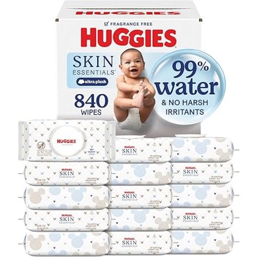 Huggies Skin Essentials Baby Wipes, Hypoallergenic, 99% Water, 15 Flip Top Packs (840 Wipes Total)
