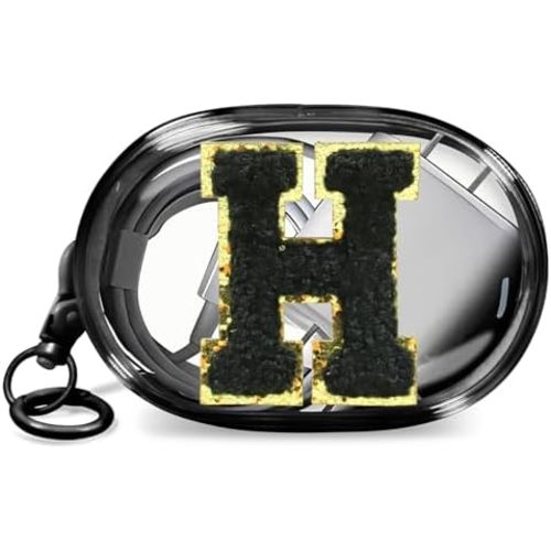 Personalized Initial Letter Small Makeup Bag for Lipstick Organizer, Chenille Letter Patches Clear Figure Display Case with KeyChain, Mini Coin Purse for Travel Charger Organizer (BLACK-H)