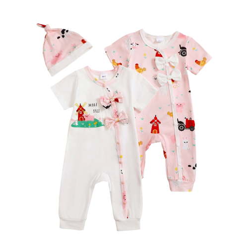 Actgleam Infant Baby Girls Romper With Hat Snap Short Sleeve Baby Jumpsuit,9-12Months,2 pack