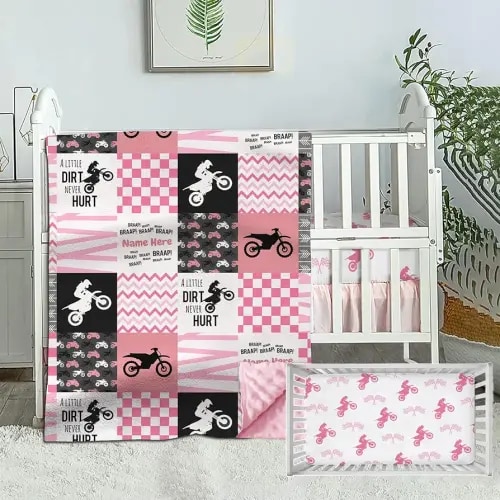 Personalized Crib Bedding Set for Girls, Custom Baby Sets with Name, Motocross Dirt Bike Sets, 2 Piece Pink Motorcycle Plaid Comforter, Fitted Sheet Girl, Style#8, Woodland