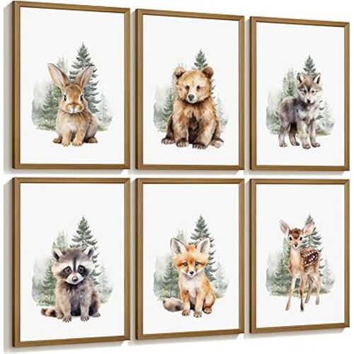 Woodland Animal Nursery Wall Art Decor Set of 6 Baby Boys Room Wall Art Forest Animal Canvas Wall Decor Kids Art Prints Watercolor Bear Deer Fox Pictures Artwork for Bedroom 8x10 Inch Wood Framed