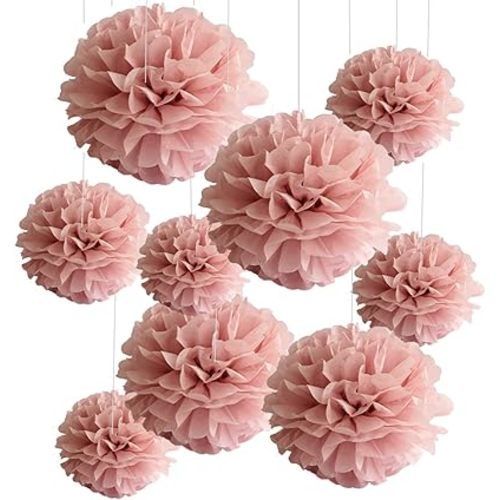 Set of 9 Dusty Rose Mauve Pink Tissue Pom Poms Paper Flowers Wall Backdrop Centerpieces for Wedding Baby Bridal Shower Nursery Classroom Hanging Decoration