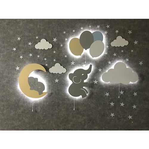 Furpinea Nursery Lamp Set of 4 Moon, Cloud, Elephant, and Balloon, Baby Room Sign Wall Night Light Cloud Shape Gift Baby Montessori Bedroom Lamp Decor (Boys, Blue)