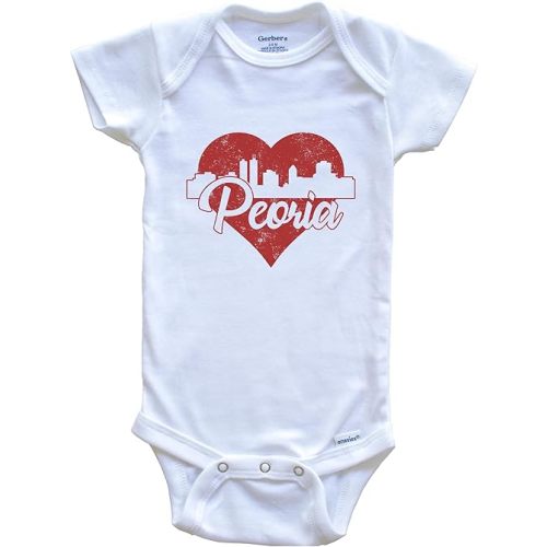 Retro Peoria Illinois Skyline Red Heart One Piece Baby Bodysuit