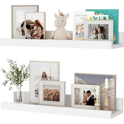 Floating Shelves for Wall, 16 inch Wood Floating Shelves Set of 2, Picture Ledge Shelf for Books Photo Frames, Wall Mounted Shelves for Bathroom Bedroom Living Room Kitchen, White