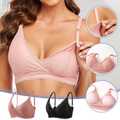 CFLVAEK Cotton Nursing Bras for Women Ultra Comfort Wirefree Push Up Maternity Bra Criss Cross Lace Bralette Comfy Front Closure Bras for Pregnancy Black M