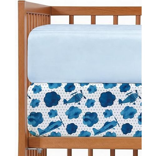 Baby Crib Sheets for Boys & Girls - Pack of 2 Fitted Microfiber Crib Sheets for Standard Crib & Toddler Mattress - Soft, Breathable & Wrinkle Free - Machine Washable, Oeko Tex - 52x28x8in - Plane Sky