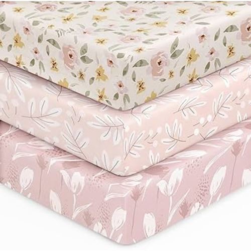 Baby Crib Sheets for Boys Girls, 28x52x8in Fitted Crib Sheet Neutral 3 Pack for Standard Crib and Toddler Mattress, Breathable Soft Microfiber Baby Sheet Pink Flowers & Leaf