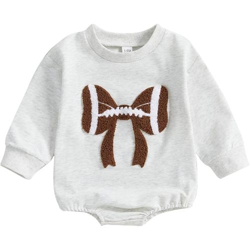 Karuedoo Newborn Baby Boy Girl Football Outfit Football Bow Sweatshirt Romper Oversized Long Sleeve Bubble Romper Bodysuit