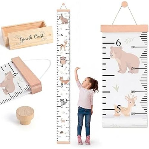 Growth Chart for Wall | Height Chart for Kids | Removable Hanging Waterproof Canvas with Wooden Keepsake Box | Nursery Decor & Baby Shower Gift