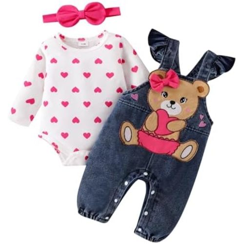 Baby Girl Clothes Outfits Fall Winter Cute Love Romper Bear Cartoon Overalls Jeans Pants Headband Set 0-18 Months