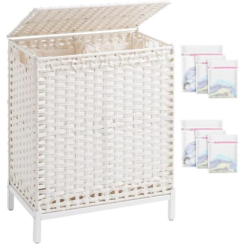 Laundry Hamper with Lid, 112 L Handwoven Rattan Wicker Laundry Basket, 2 Removable Liner Bags Metal Heightened Feet, 6 Mesh Bags, 2 Section Large Clothes Hamper for Bathroom Bedroom, White