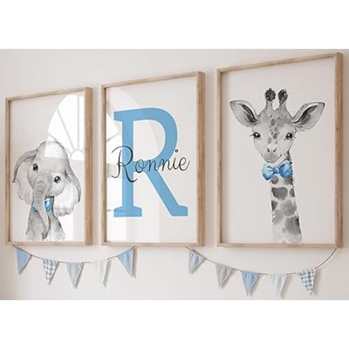 Safari Animals Boys Nursery Bedroom Unframed set of 3 Poster Prints, Personalized Name Blue Green Yellow Bow Tie Wall Art Decor New Baby Gift Present, Elephant Giraffe Lion Zebra (11x14)