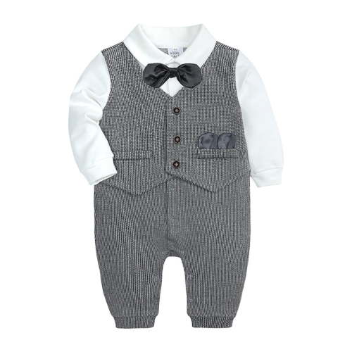 Lenpel Newborn Baby Boys' Rompers Infant Long Sleeve Button down Collared Tuxedo Jumpsuits Formal Outfits with Bow Tie
