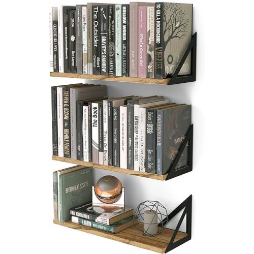 Wallniture Minori Floating Shelves Set of 3, Small Bookshelf Unit for Living Room, Office, and Bedroom, Natural Burned Rustic Wood Wall Decor with Metal Floating Shelf Bracket 6D x 17W x 5.5H in