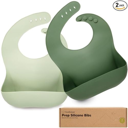 KeaBabies 2-Pack Silicone Bibs for Babies, Toddlers Girl, Boy – Sturdy Food-Grade Baby Bibs for Eating, Large Food Catcher, Clean & Put On Easily, Waterproof Toddler Feeding Essentials (Forest)
