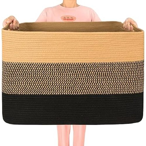 MINTWOOD Design 112L Extra Large Blanket Basket Holder Living Room, 25"x17"x16" Rectangle Rope Woven Storage Basket with Handles for Laundry, Pool Towels, Shoes, Dog Toy Organizer Bin Box, Black Jute